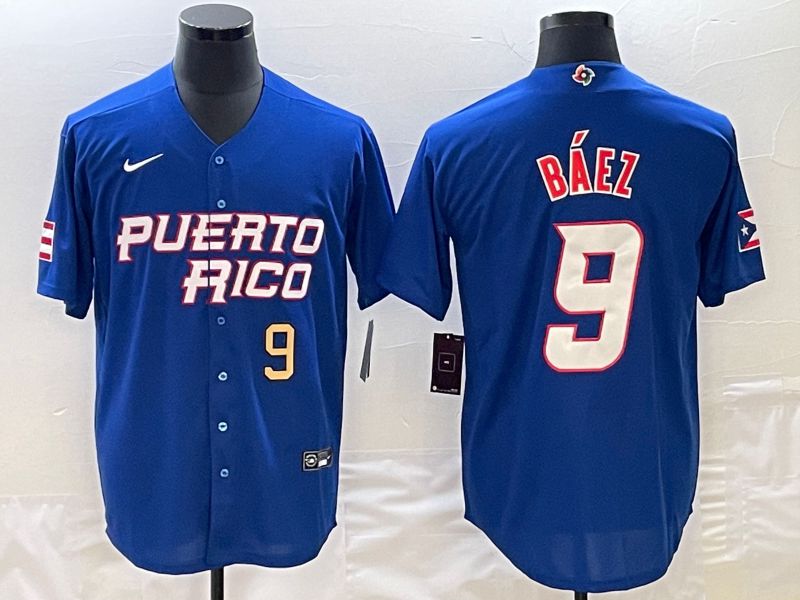 Men 2023 World Cub Puerto Rico 9 Baez Blue Nike MLB Jersey9